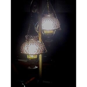 Vintage Double Hanging Lamp Brass Tone Decorative Glass Shade Tension Pole Lamp